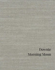 Textured gray fabric swatch with 'Downie Morning Moon' label in St. Albert