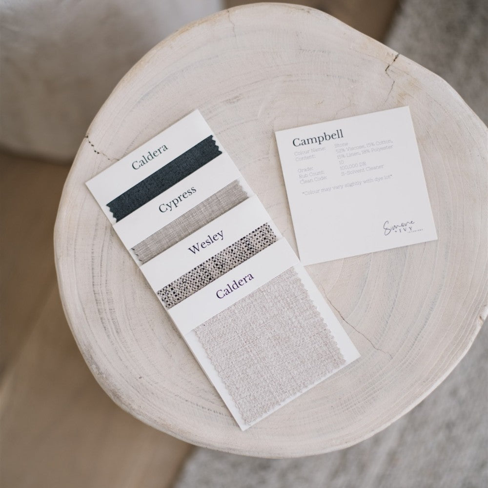 fabric swatches on a deco table
