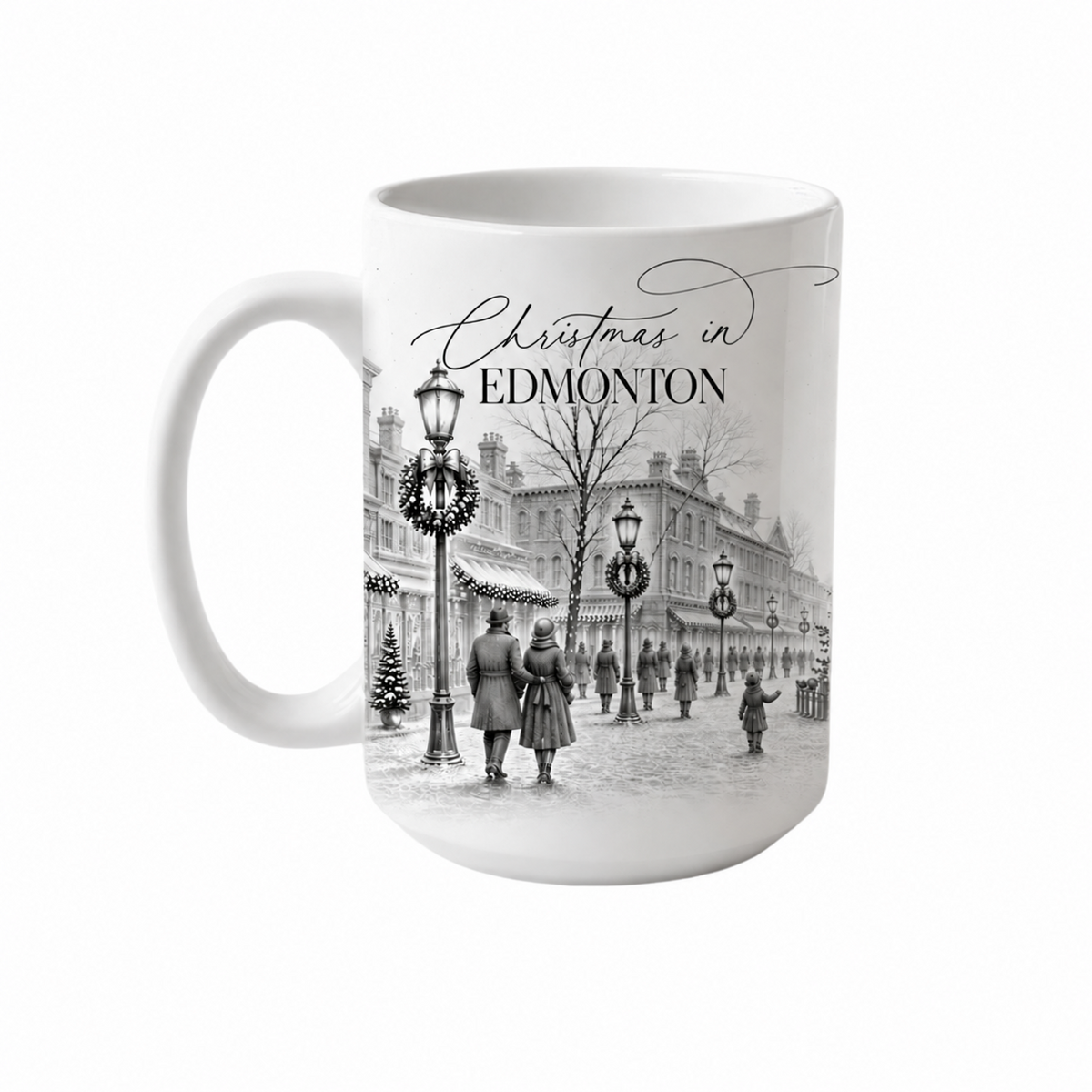 Christmas in Edmonton mug with a black-and-white festive town scene on a white background.