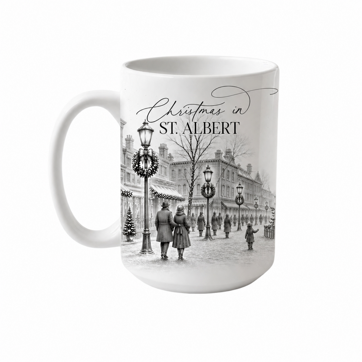 Christmas in St. Albert mug with a black-and-white festive town scene on a white background.