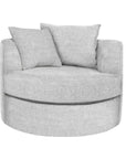 A gray cuddle chair with a plush design and pillows, built atop a swivel base, displayed against a white background in St. Albert