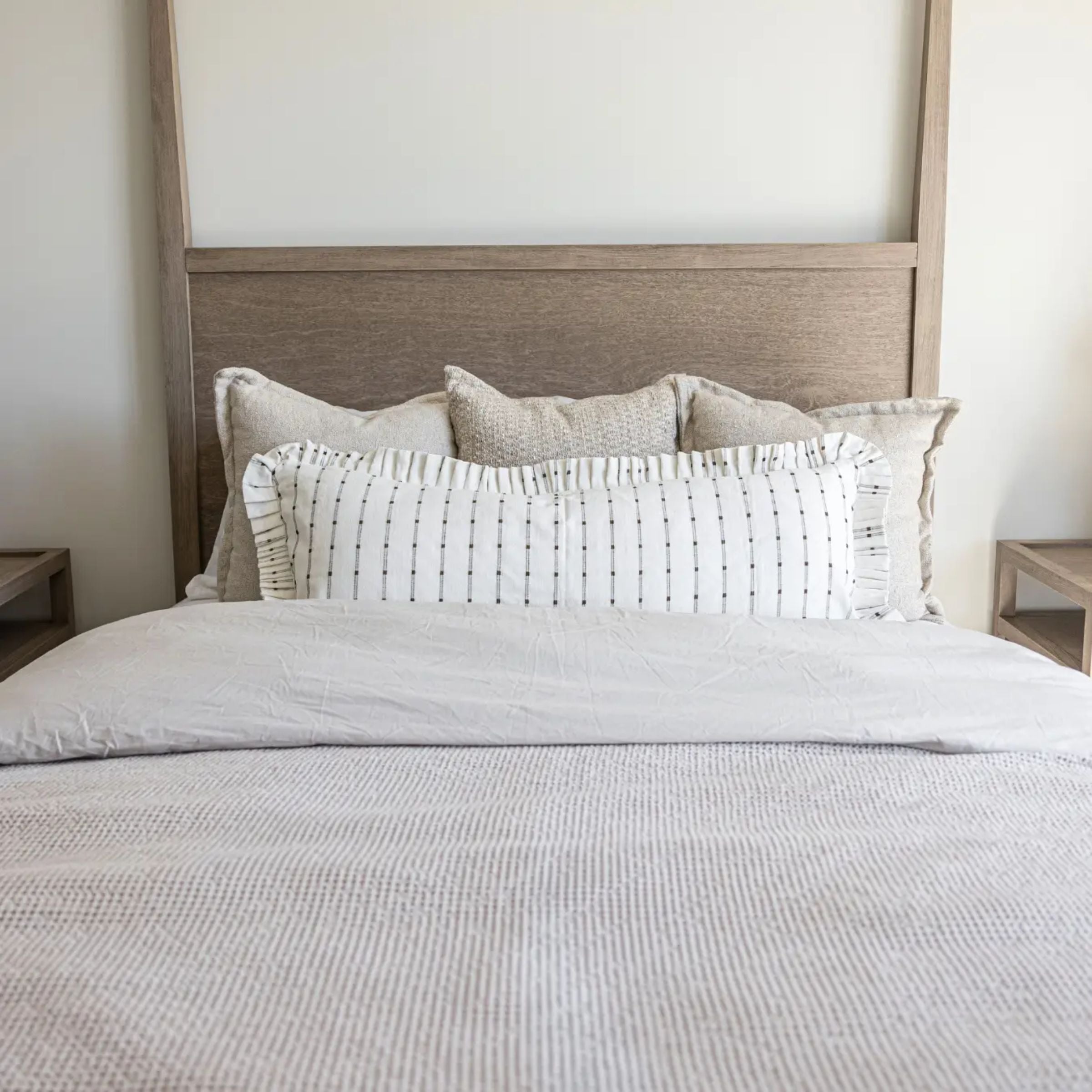 Ruffle Lumbar Embroidered Pillow | White + Olive