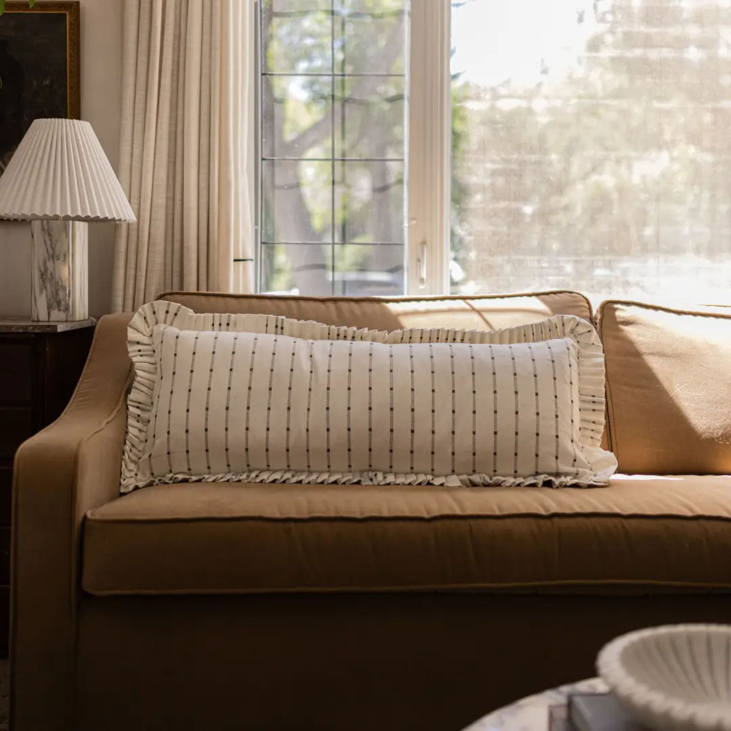 Ruffle Lumbar Embroidered Pillow | White + Olive