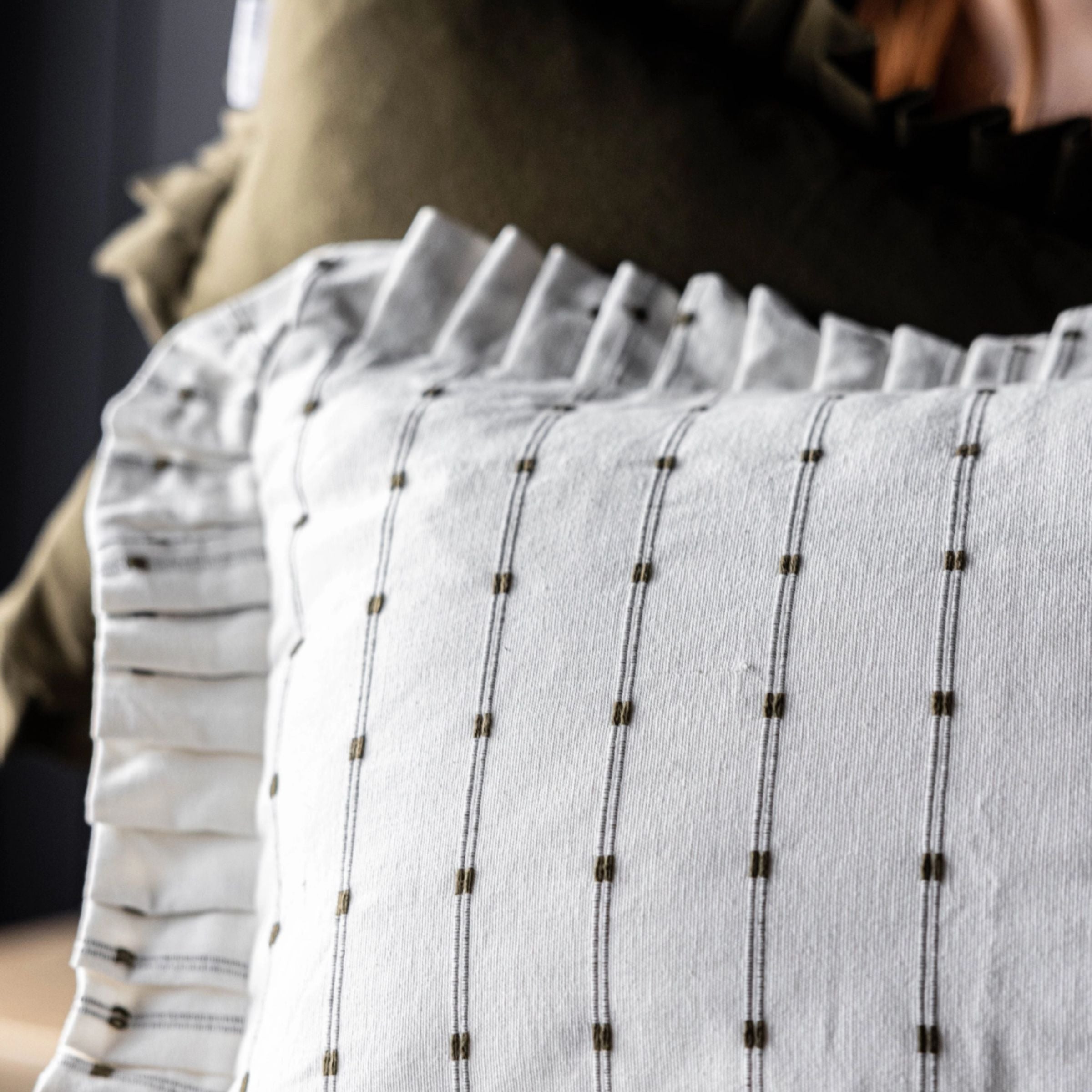 Ruffle Lumbar Embroidered Pillow | White + Olive