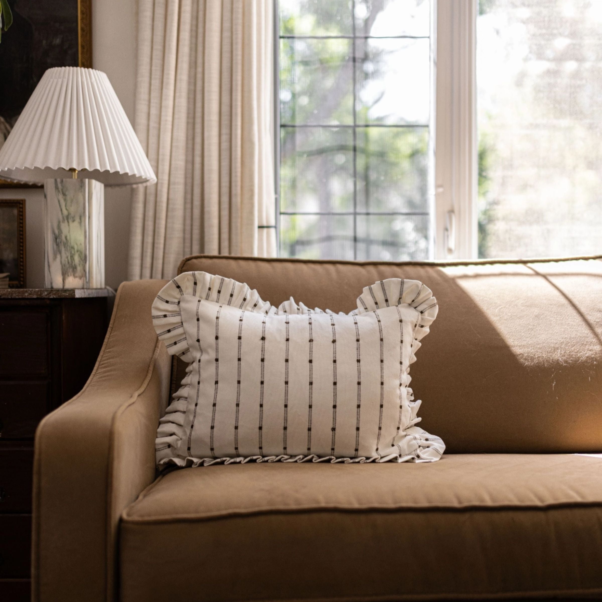 Ruffle Lumbar Embroidered Pillow | White + Olive