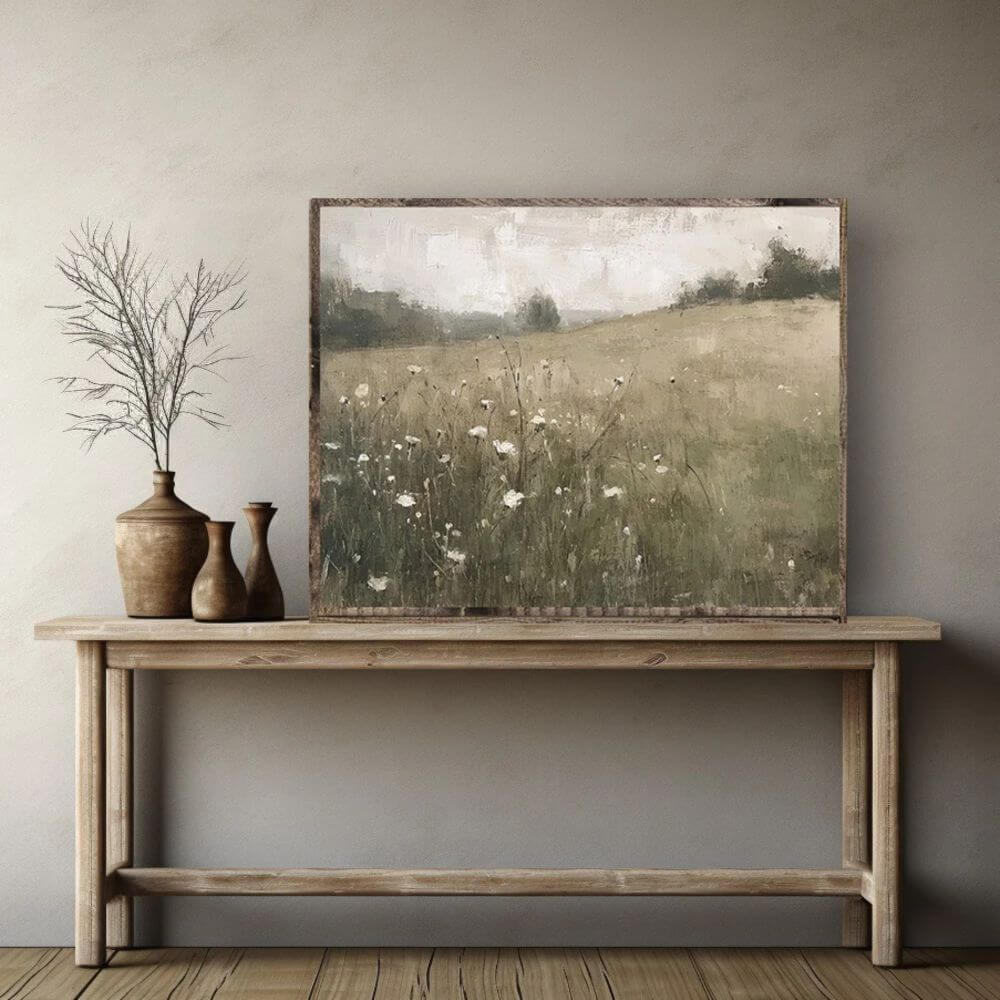 vintage wall art of spring blossoms resting on a hutch in a front hallway in St. Albert