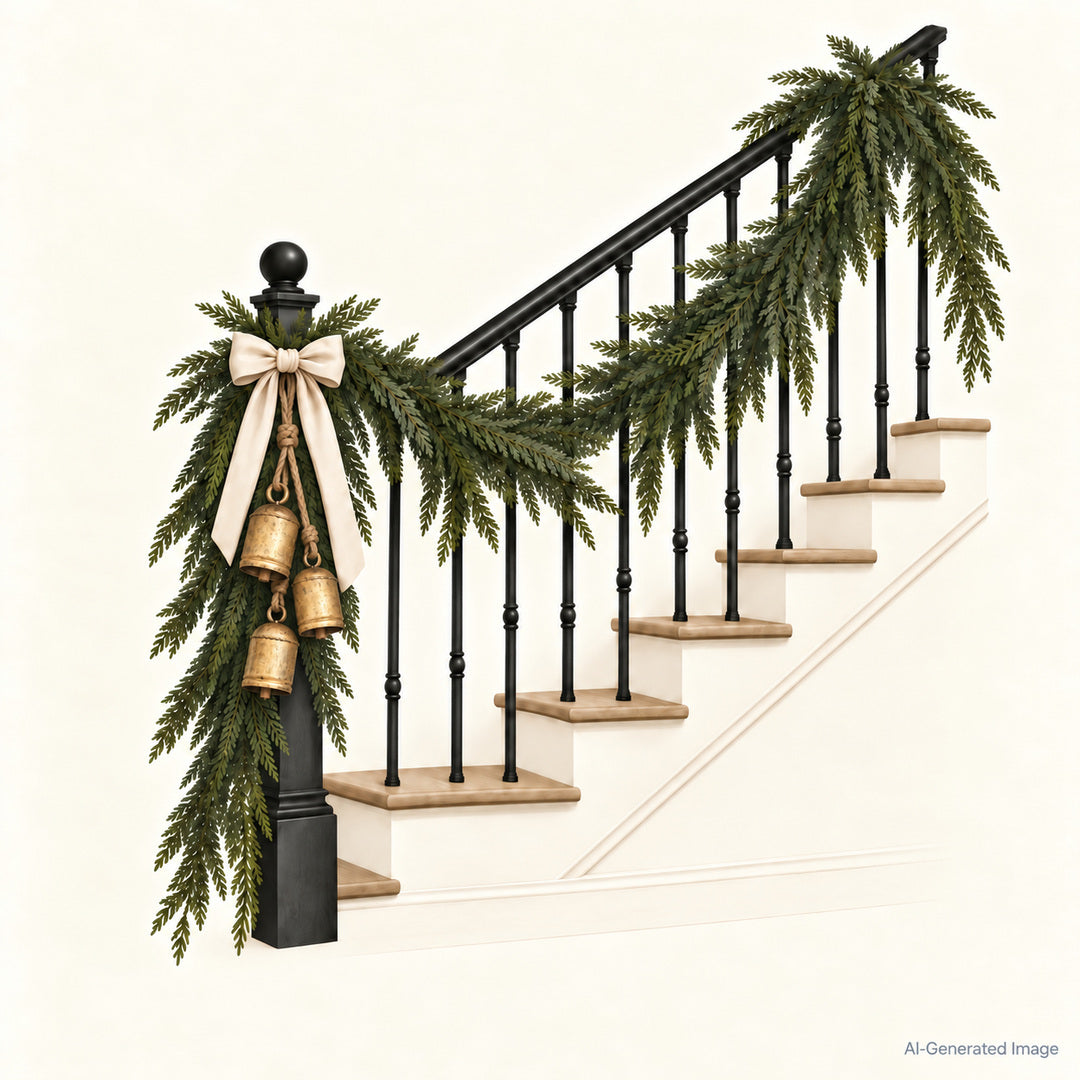 Chic Holiday Decor Bundle for Your Stairway with Garland, Bows, and Christmas Bells |  Shipping Across Canada or Pickup in St. Albert, Alberta